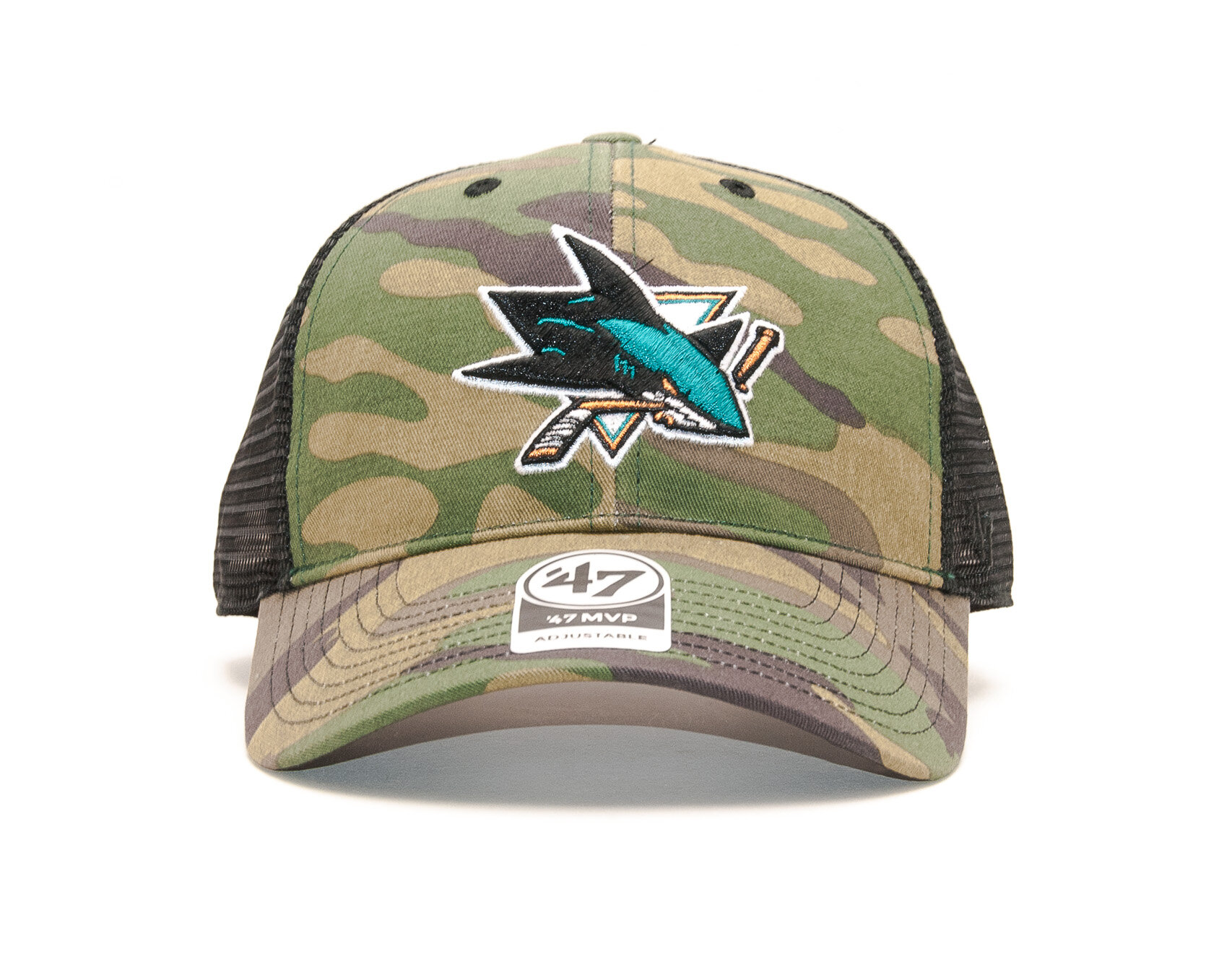 San Jose Sharks 47 Brand MVP Camo Branson NHL Trucker Cap