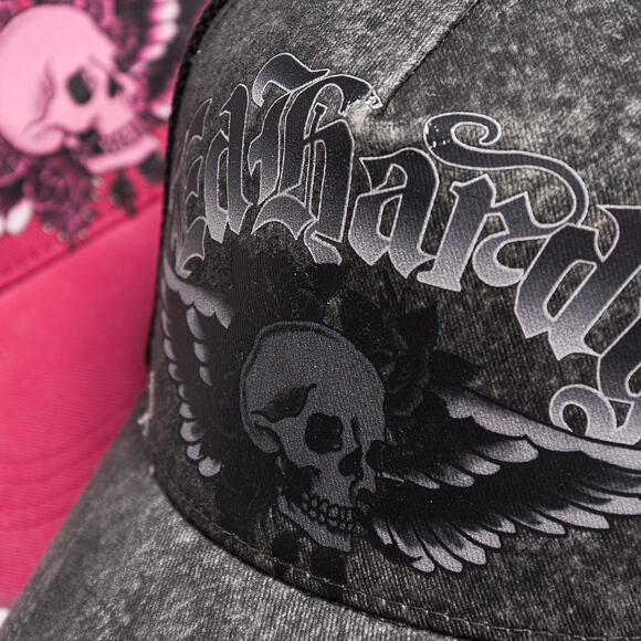 Kšiltovka Ed Hardy - Unisex Flaming Gothic Skull Washed 5 Panel Trucker Cap - Grey