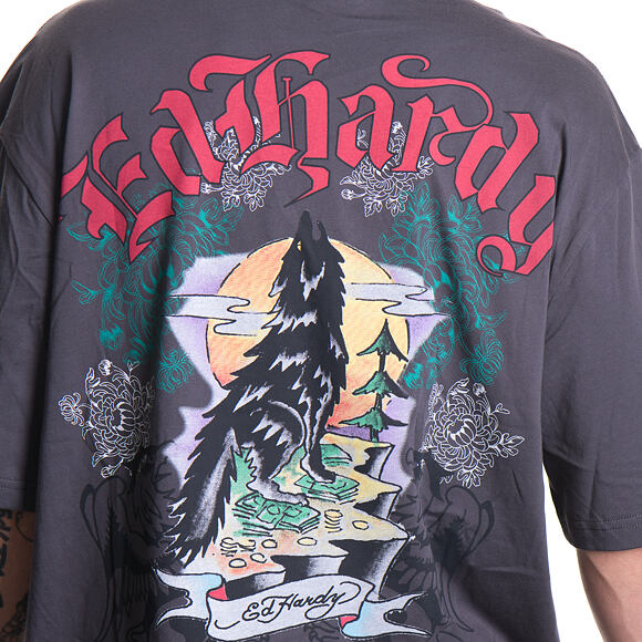Triko Ed Hardy - Mens Don Wolf Eagle Panther Relaxed T-Shirt - Charcoal