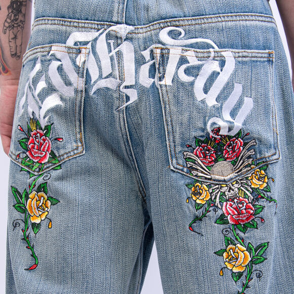 Kraťasy Ed Hardy - Mens Gothic Floral Denim Jort - Distressed Blue Wash