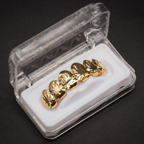 Pozlacené zuby King Ice Gold 3D Weed Leaves Top Grillz