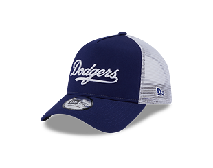 Kšiltovka New Era 9FORTY A-Frame Trucker MLB Team Script Los Angeles Dodgers Dark Royal / White