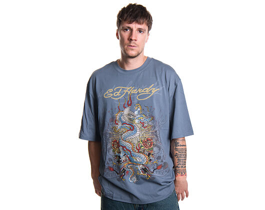 Triko Ed Hardy - Mens Dragon City Diamante Graphic Relaxed T-Shirt - Blue