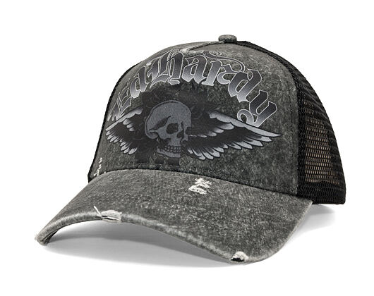 Kšiltovka Ed Hardy - Unisex Flaming Gothic Skull Washed 5 Panel Trucker Cap - Grey