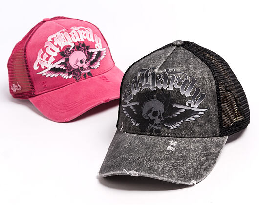 Kšiltovka Ed Hardy - Unisex Flaming Gothic Skull Washed 5 Panel Trucker Cap - Grey