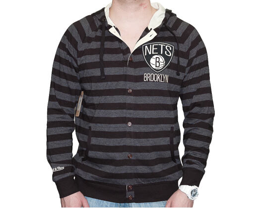 Mikina s kapucí Mitchell & Ness Striped Button Brooklyn Nets Grey/White