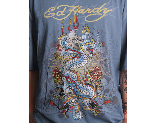 Triko Ed Hardy - Mens Dragon City Diamante Graphic Relaxed T-Shirt - Blue