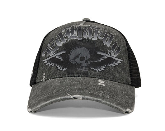Kšiltovka Ed Hardy - Unisex Flaming Gothic Skull Washed 5 Panel Trucker Cap - Grey