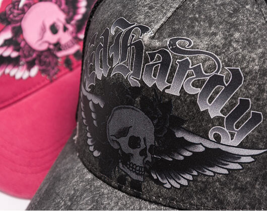 Kšiltovka Ed Hardy - Unisex Flaming Gothic Skull Washed 5 Panel Trucker Cap - Grey