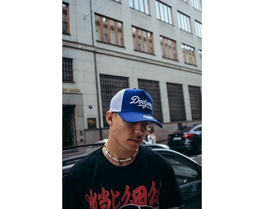 Kšiltovka New Era 9FORTY A-Frame Trucker MLB Team Script Los Angeles Dodgers Dark Royal / White