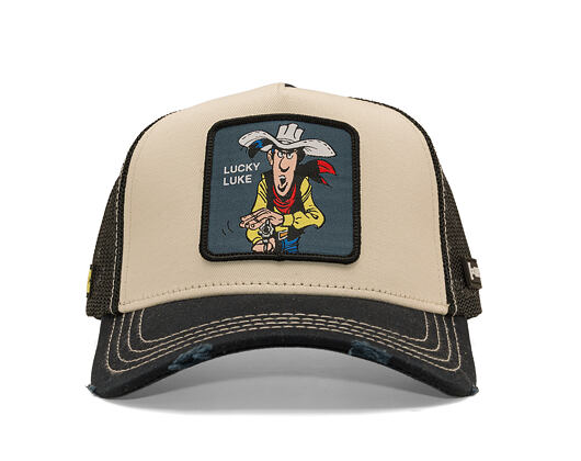 Kšiltovka Capslab - Lucky Luke Trucker - Gun Twirl Distressed Patch - Cream / Black