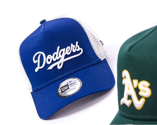 Kšiltovka New Era 9FORTY A-Frame Trucker MLB Team Script Los Angeles Dodgers Dark Royal / White