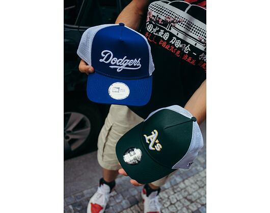 Kšiltovka New Era 9FORTY A-Frame Trucker MLB Team Script Los Angeles Dodgers Dark Royal / White
