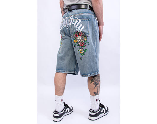 Kraťasy Ed Hardy - Mens Gothic Floral Denim Jort - Distressed Blue Wash