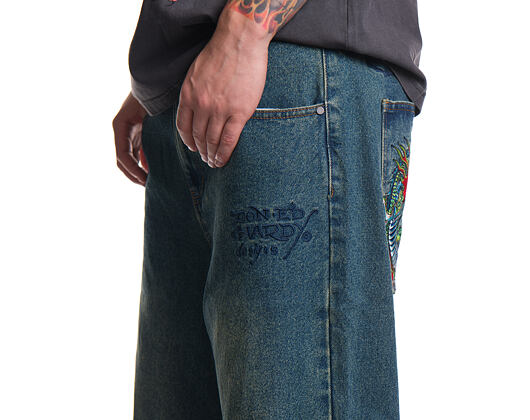 Kalhoty Ed Hardy - Mens Fireball Dragon Dirty Wash Xxtra Denim Trousers Jeans - Green Tint