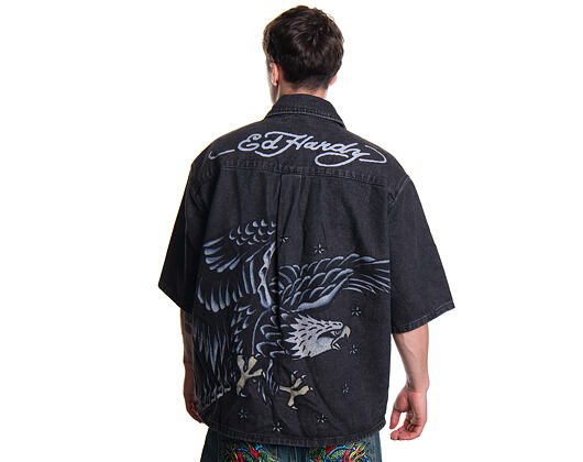 Košile Ed Hardy - Mens Eagle And Stars Relaxed Denim Shirt - Black