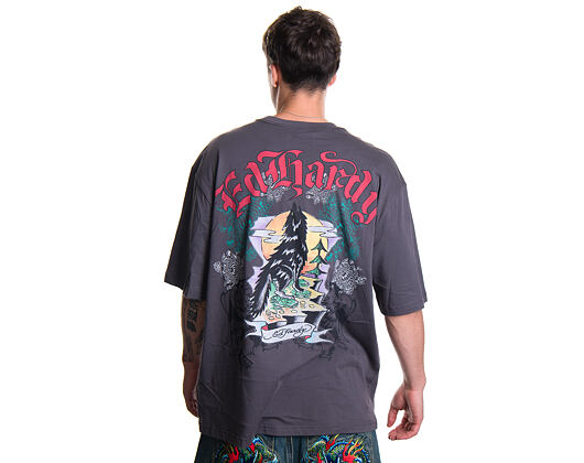 Triko Ed Hardy - Mens Don Wolf Eagle Panther Relaxed T-Shirt - Charcoal