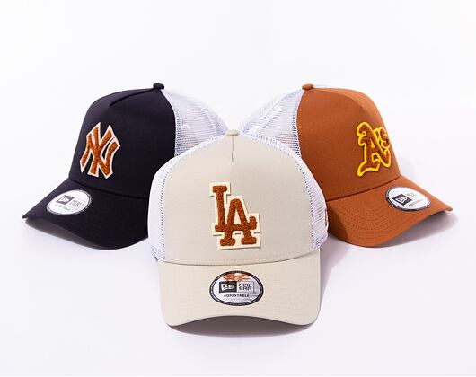 Kšiltovka New Era 9FORTY A-Frame Trucker MLB Boucle Los Angeles Dodgers Stone / Caramel Brown / Off