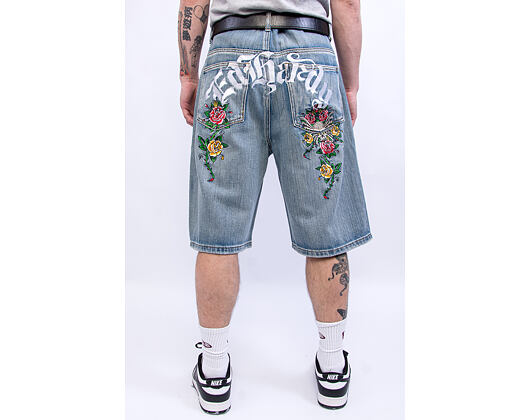 Kraťasy Ed Hardy - Mens Gothic Floral Denim Jort - Distressed Blue Wash