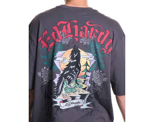 Triko Ed Hardy - Mens Don Wolf Eagle Panther Relaxed T-Shirt - Charcoal