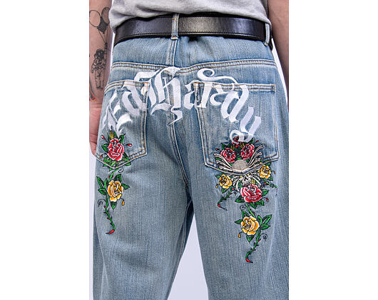 Kraťasy Ed Hardy - Mens Gothic Floral Denim Jort - Distressed Blue Wash