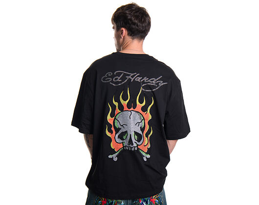 Triko Ed Hardy - Mens Skull Flame Diamante Relaxed Tshirt - Black