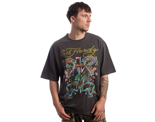 Triko Ed Hardy - Battle Of The Dragons Relaxed Tshirt - Charcoal