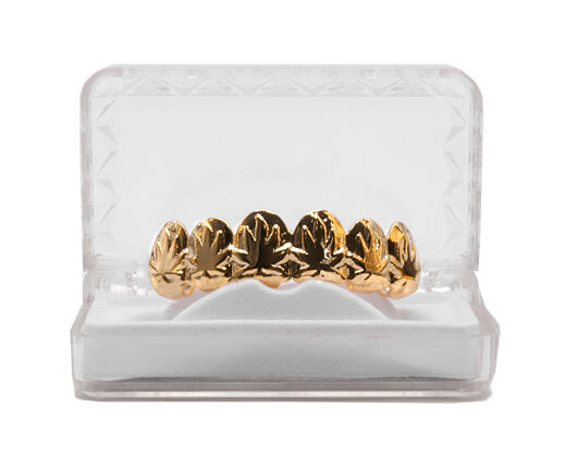 Pozlacené zuby King Ice Gold 3D Weed Leaves Top Grillz