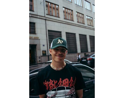 Kšiltovka New Era 9FORTY A-Frame Trucker MLB Team Script Oakland Athletics Dark Green / White