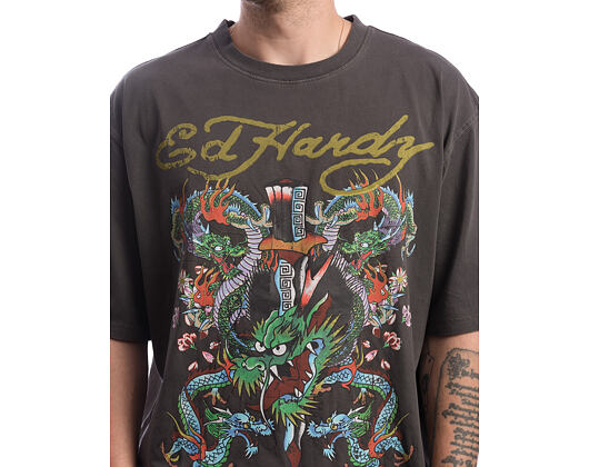 Triko Ed Hardy - Battle Of The Dragons Relaxed Tshirt - Charcoal