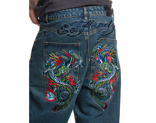Kalhoty Ed Hardy - Mens Fireball Dragon Dirty Wash Xxtra Denim Trousers Jeans - Green Tint
